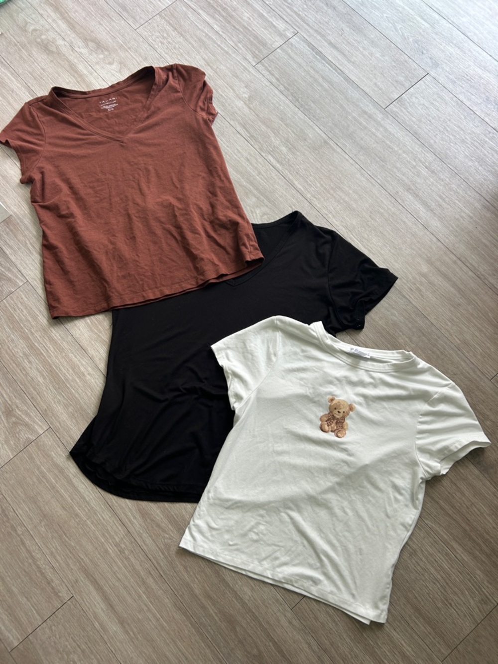 Lot of 3 Shirts: V-Neck Rust Tee, Black Tee & Cream Bear Graphic Tee
